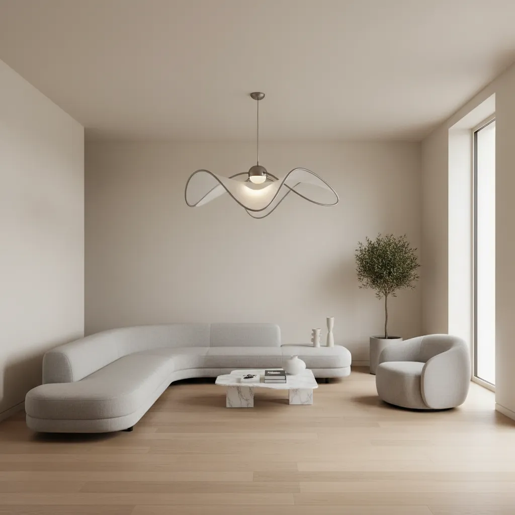 Sala minimalista con una lámpara escultórica como punto focal