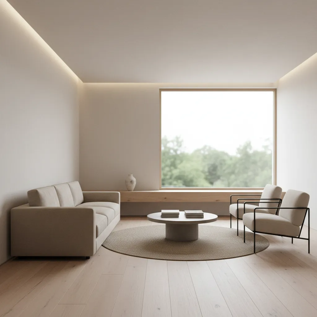 Sala de estar minimalista con colores neutros y muebles simples