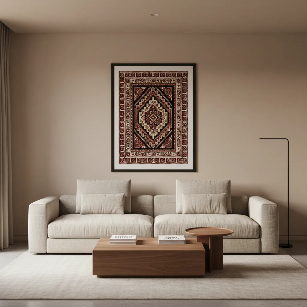 Minimalist living room with framed tatreez embroidery above neutral sofa