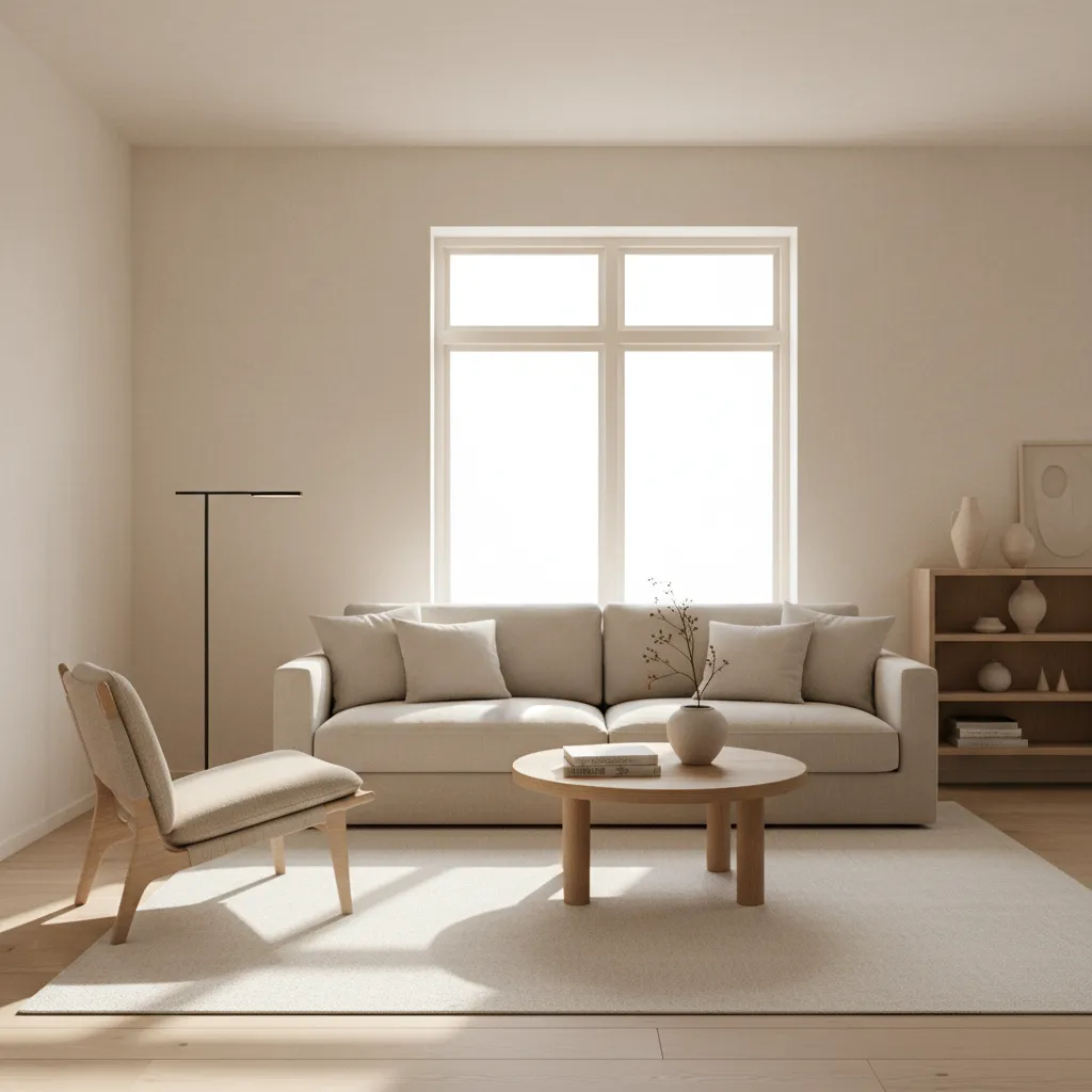 Minimalist living room with subtle plaster textured wall and soft natural lighting