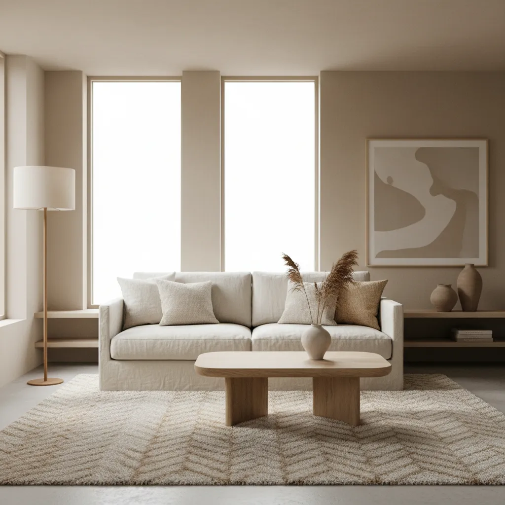 Sala minimalista con texturas naturales como madera y lino