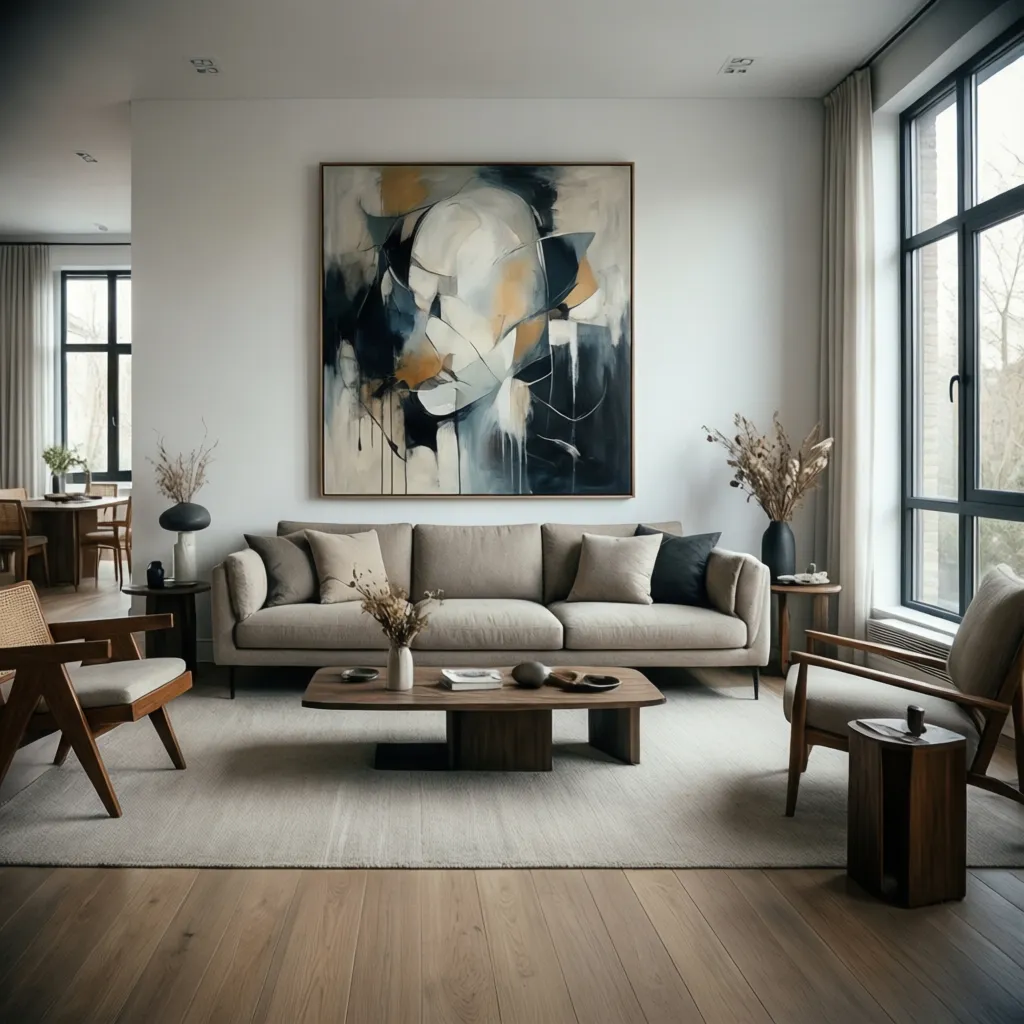 Minimalist living room wall with large artwork above sofa