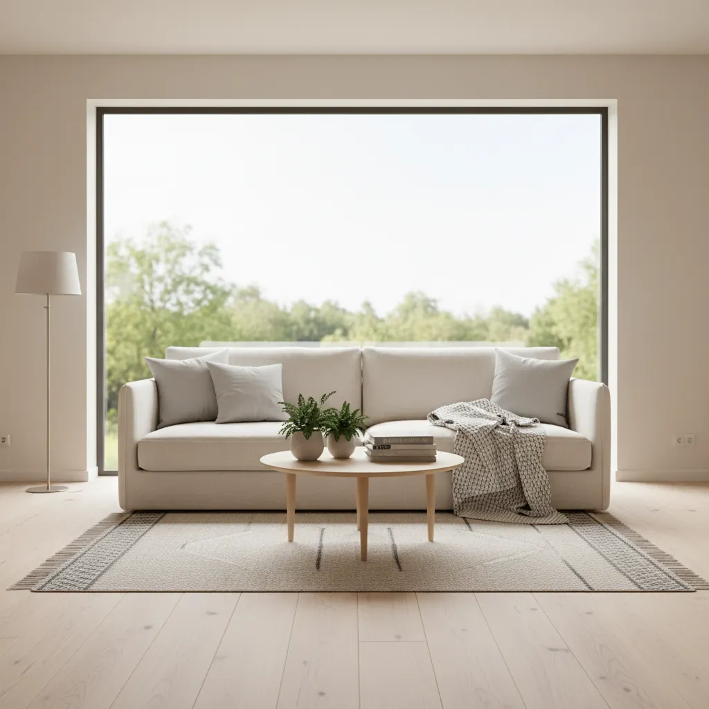 Salón minimalista con sofá neutro y luz natural entrando por grandes ventanas