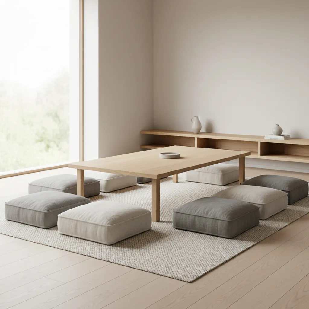 Minimalist seating arrangement with floor table and cushions