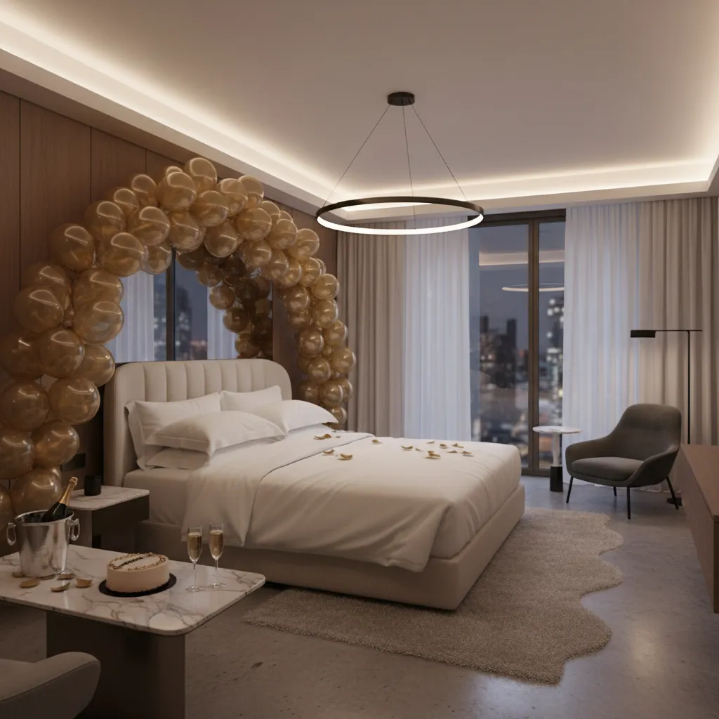 Minimalist luxury hotel room decoration with elegant balloons and soft lighting