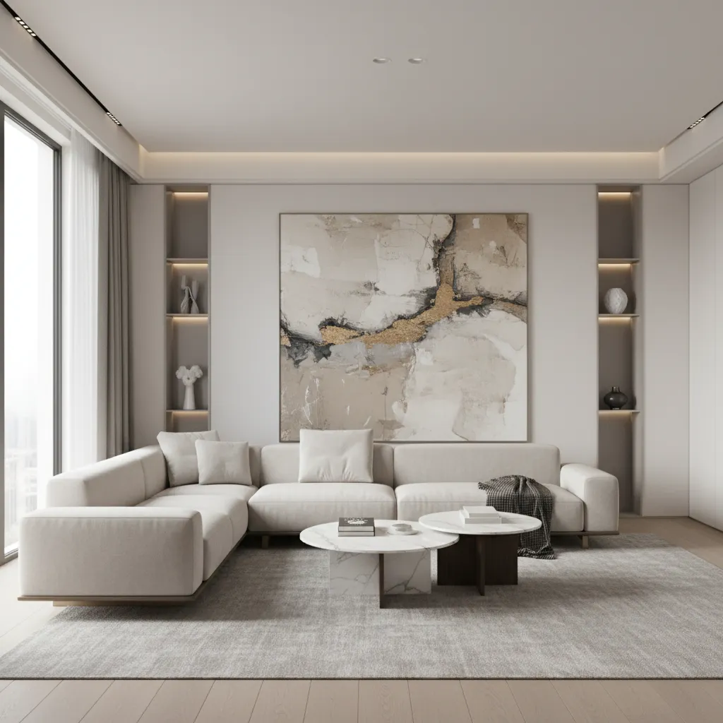 Minimalist luxury living room with neutral tones and large statement artwork