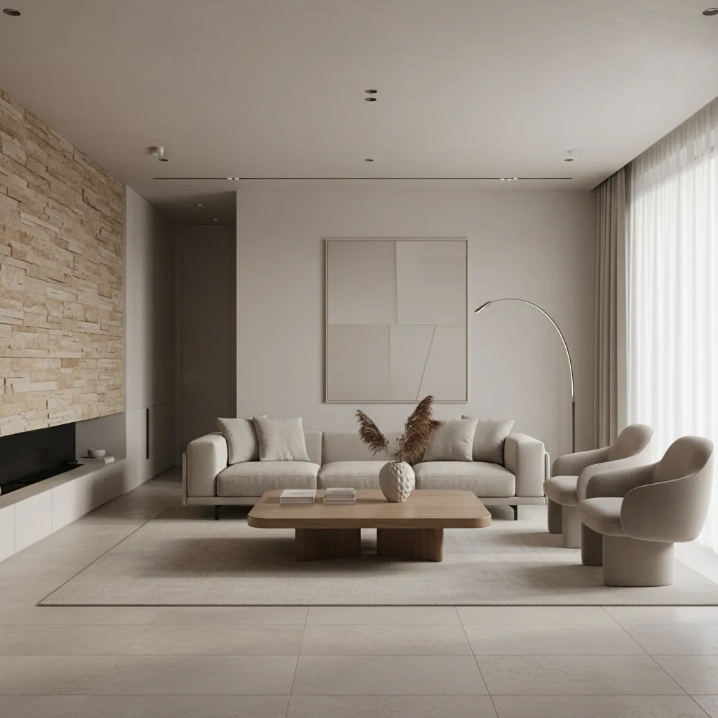 Ruang tamu sederhana dengan desain elegan dan furnitur minimal