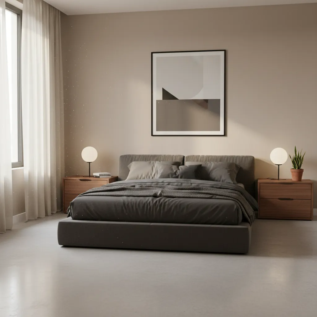 minimalist male bedroom with platform bed dark bedding and wood furniture