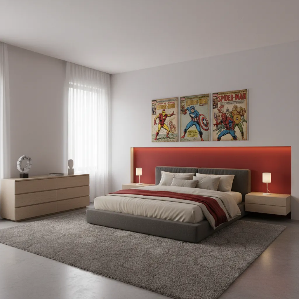 modern minimalist marvel inspired bedroom with subtle superhero artwork