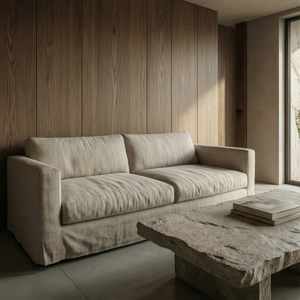 Detalle de materiales naturales en interior minimalista