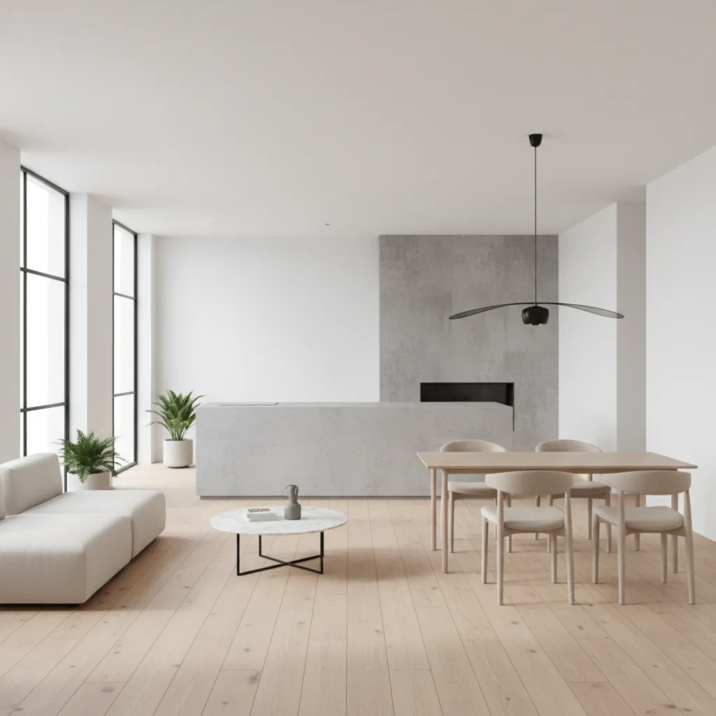 Interior minimalista con madera clara y paredes blancas