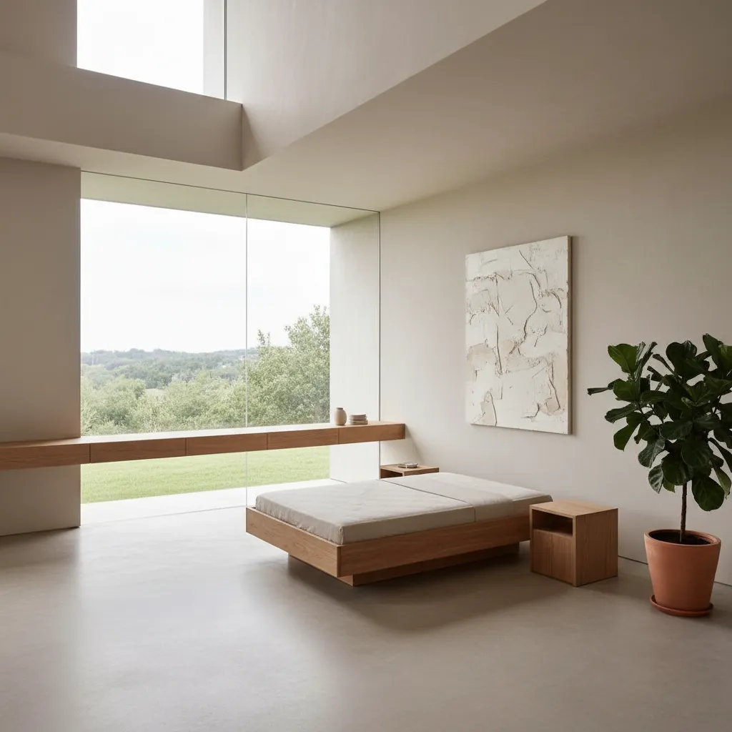 Interior minimalista con microcemento, madera y vidrio