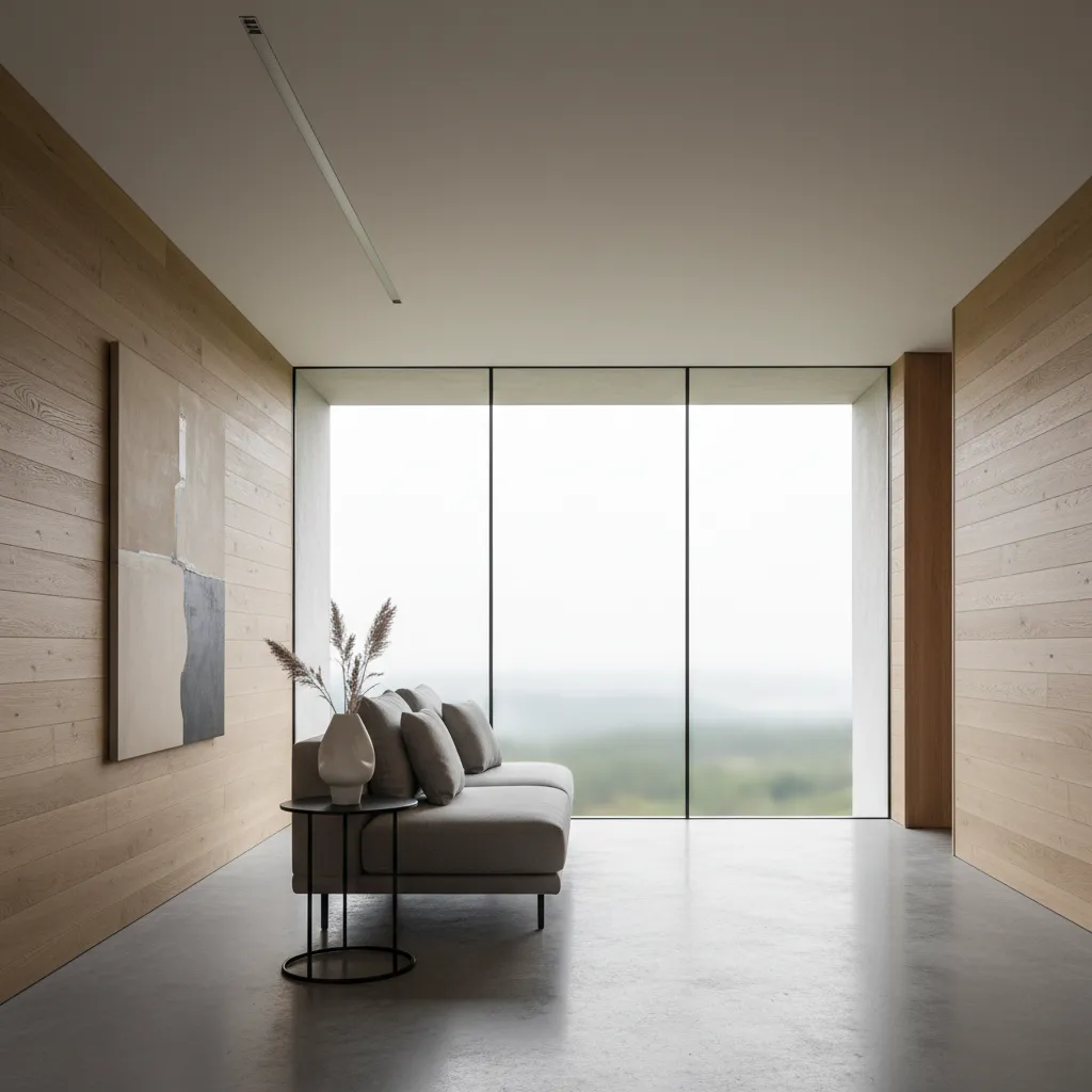 Minimalist living room featuring wood panel walls grey sofa and a large bright floor window