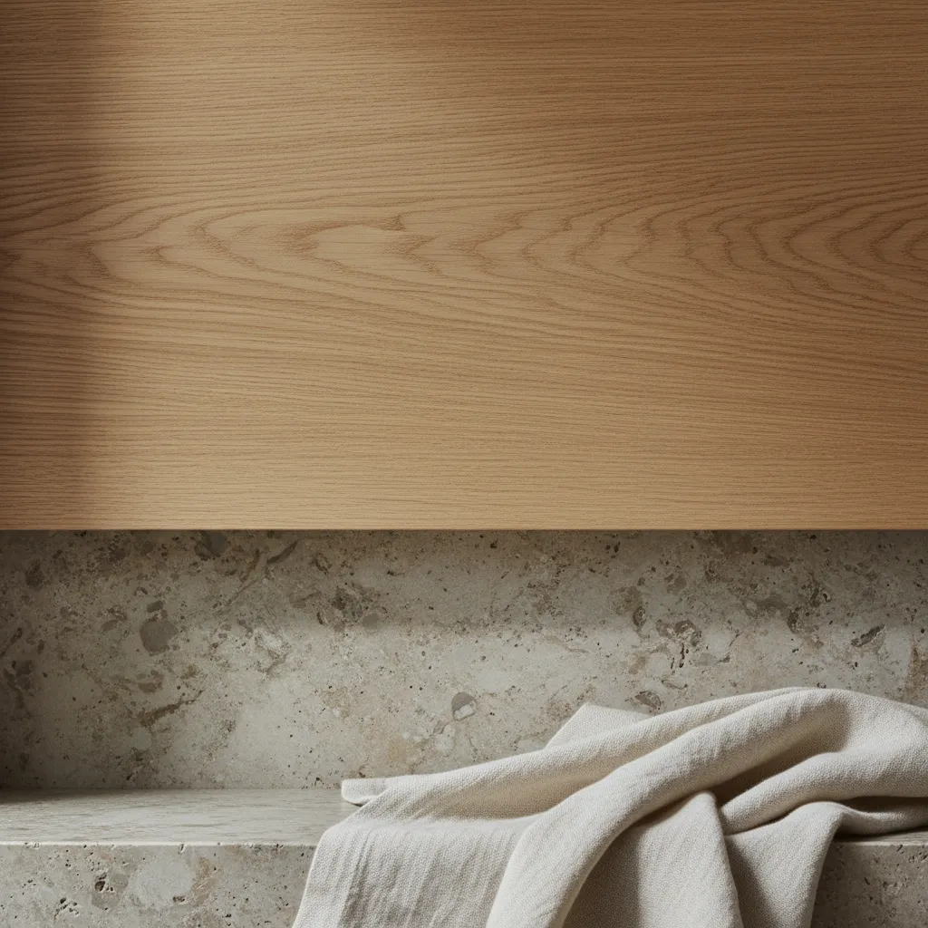 Detalle de materiales en interior minimalista con madera, piedra y textiles neutros