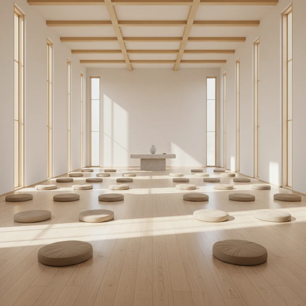 minimalist meditation hall with natural light wood floor and cushions