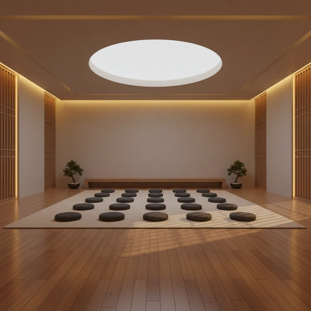 minimalist meditation hall interior with warm ambient lighting