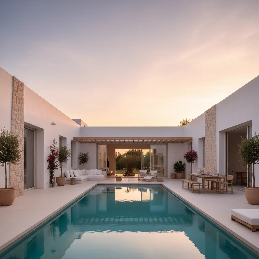 Arquitectura minimalista mediterránea con patio y piscina