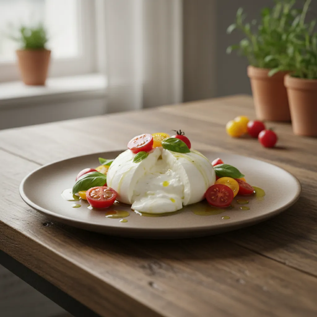 Cena mediterránea minimalista con burrata, tomates y aceite de oliva