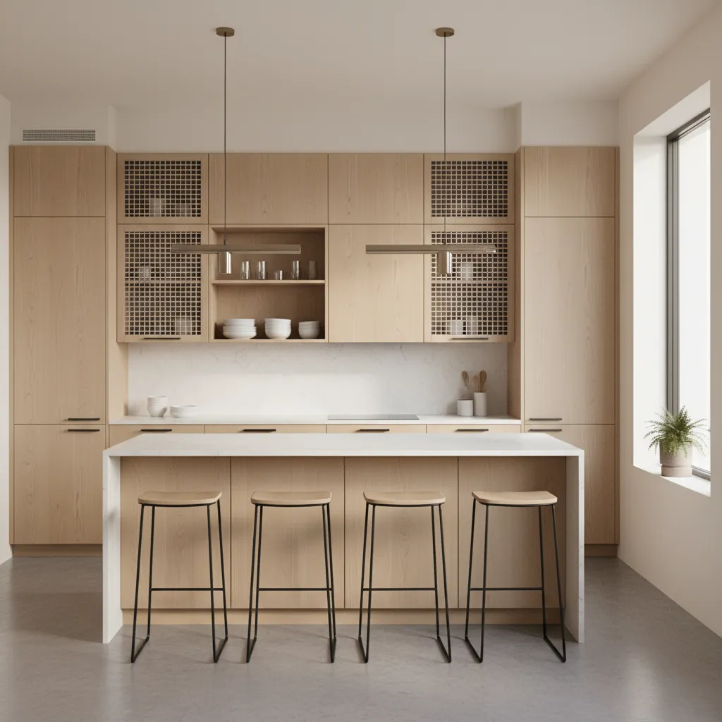 modern kitchen cabinets with minimalist square grid metal mesh inserts