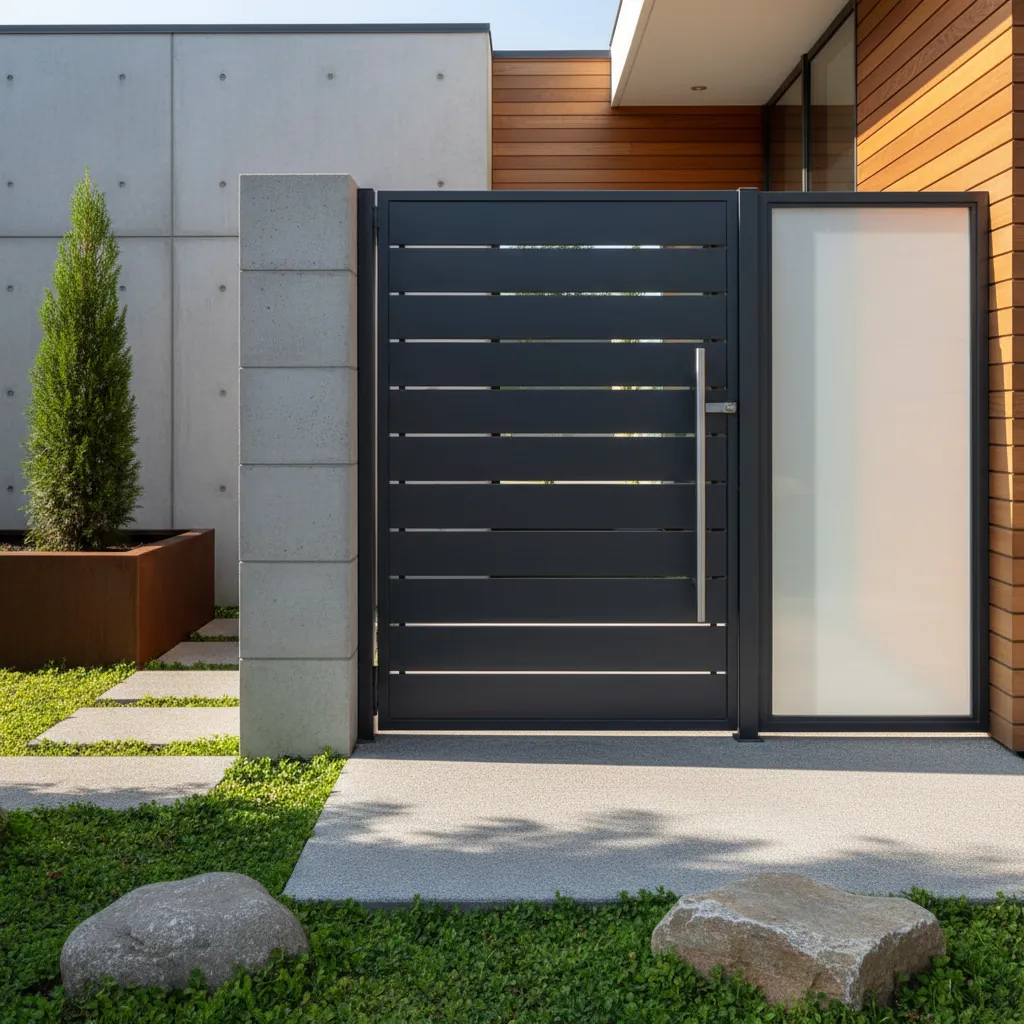 Portal metálico minimalista en una casa moderna