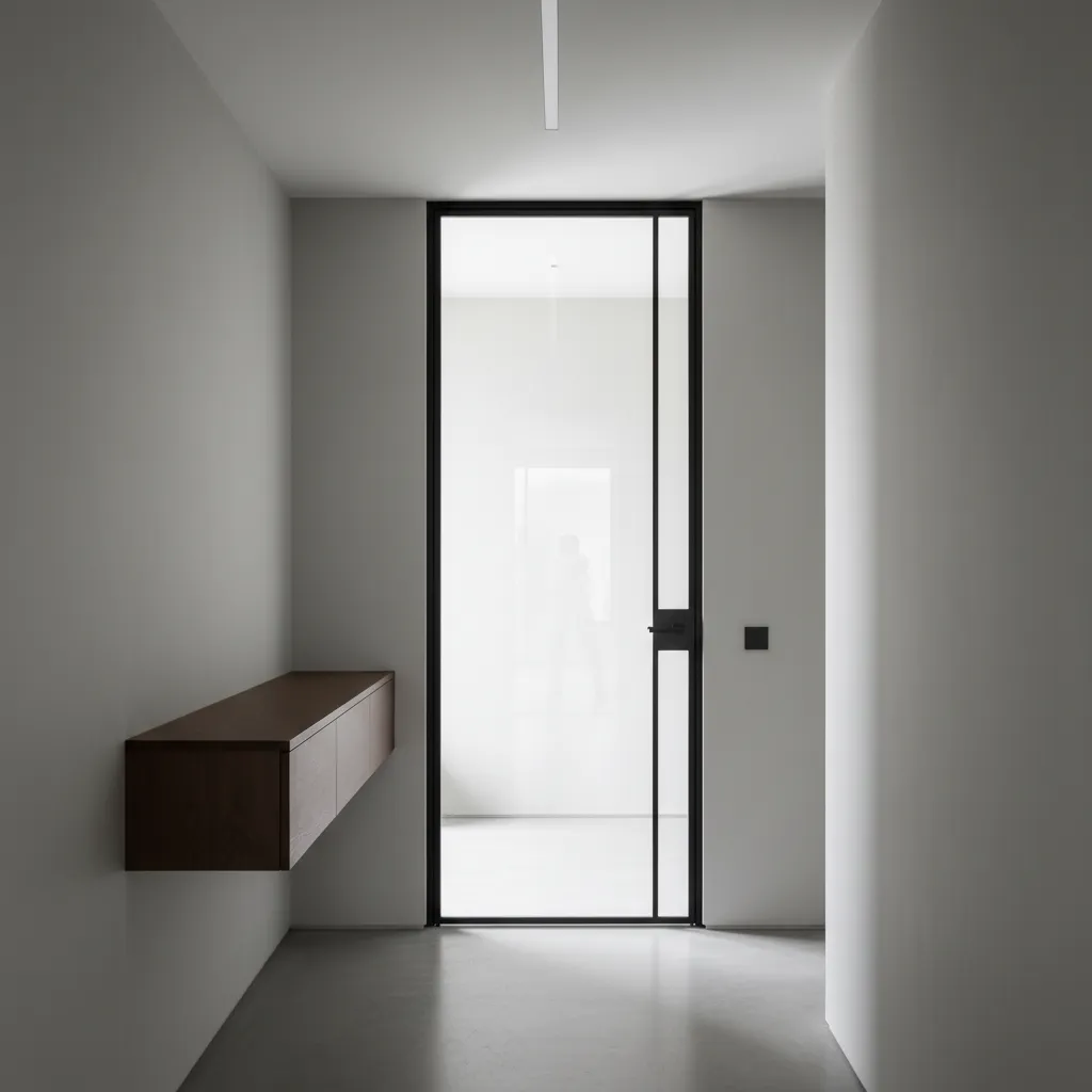 Puerta interior metálica minimalista con marco delgado