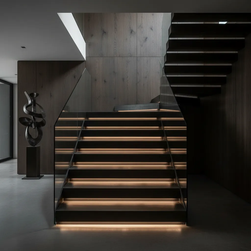 Dark stairs with glass railing and warm step lighting in a modern home interior design