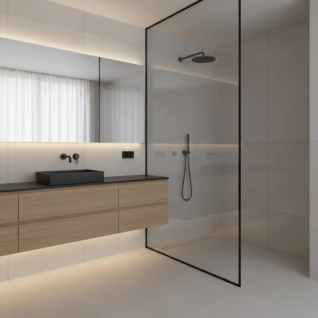 Baño minimalista moderno con ducha abierta y grifería negra