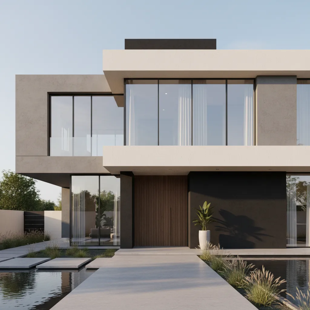 Casa moderna minimalista con líneas simples y grandes ventanas