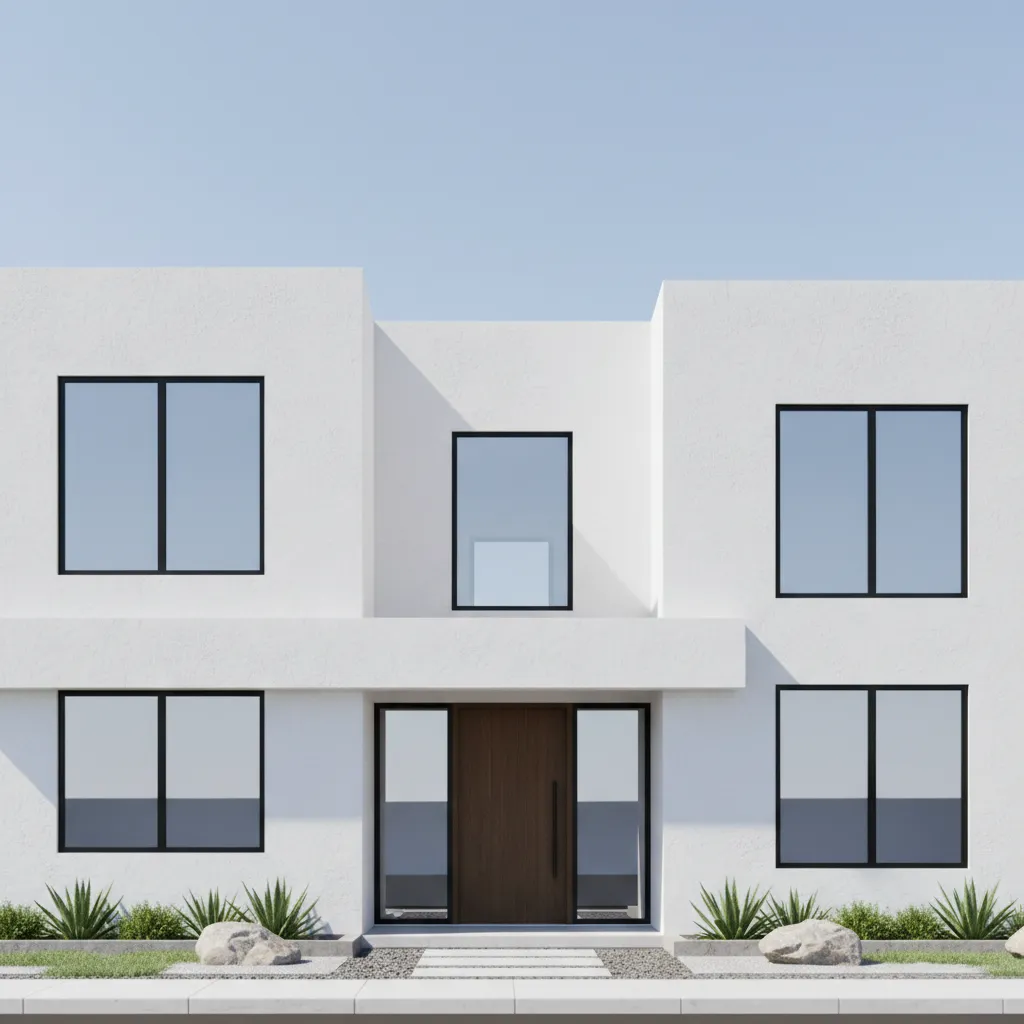 Minimalist modern house facade with simple white volumes and large windows
