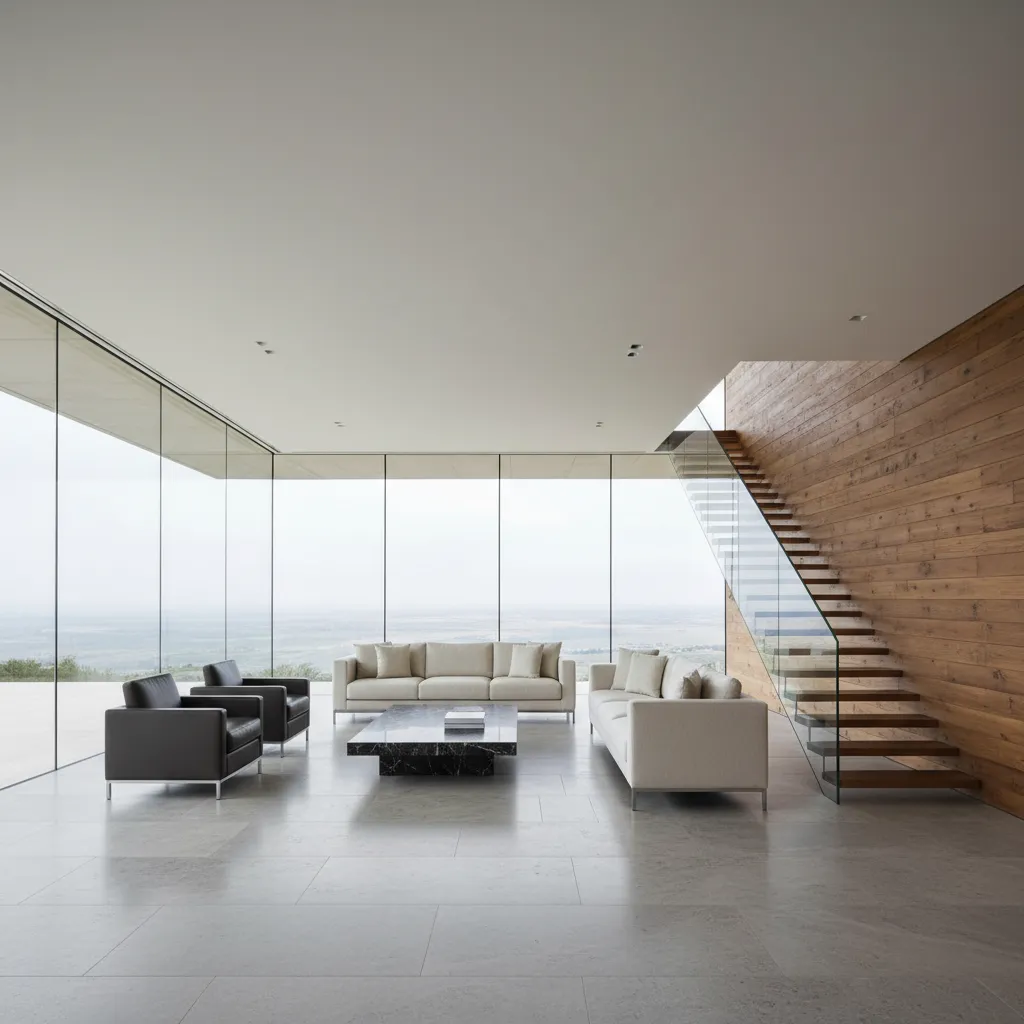 Interior minimalista con líneas limpias y materiales naturales