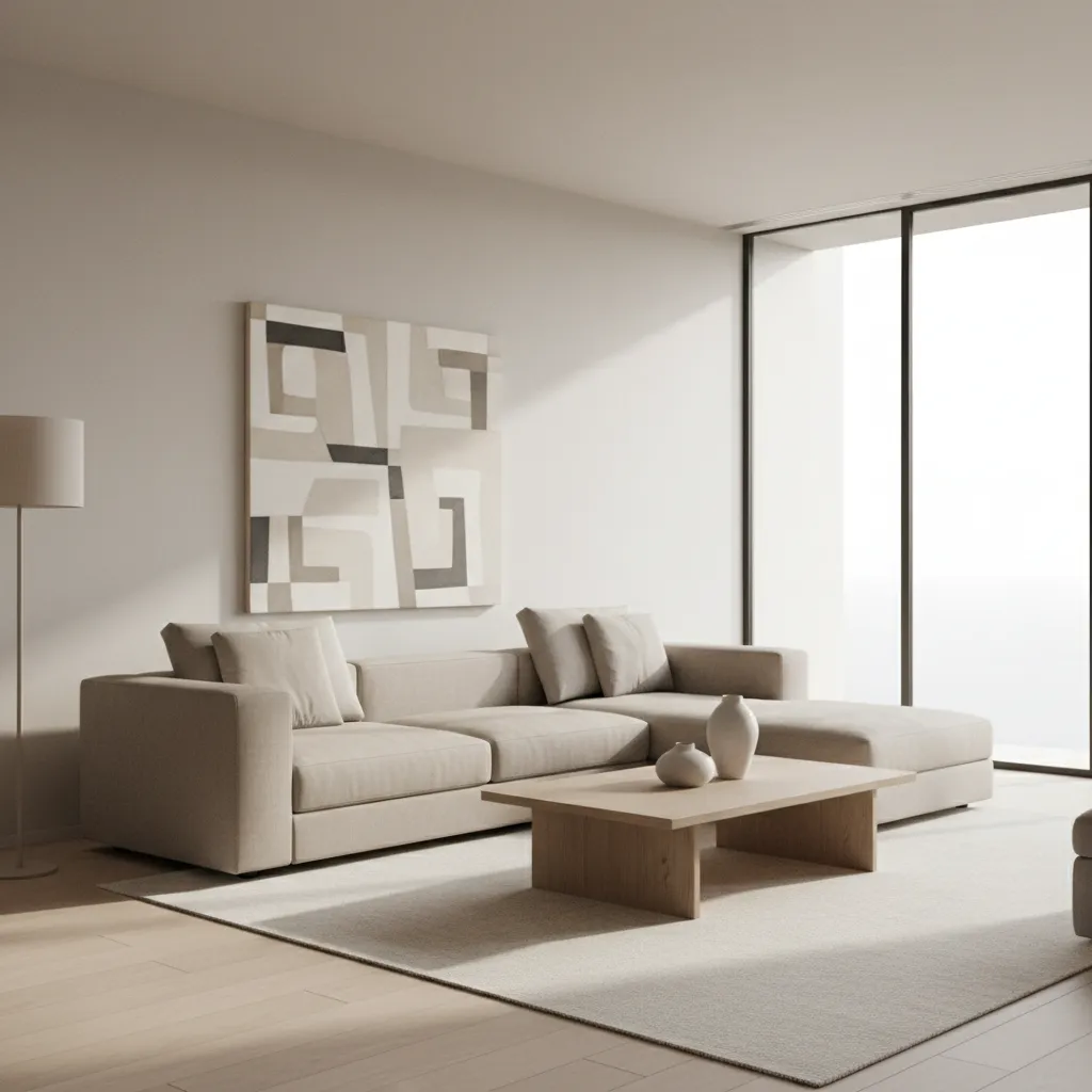 Salón moderno minimalista con sofá neutro y mesa de centro simple