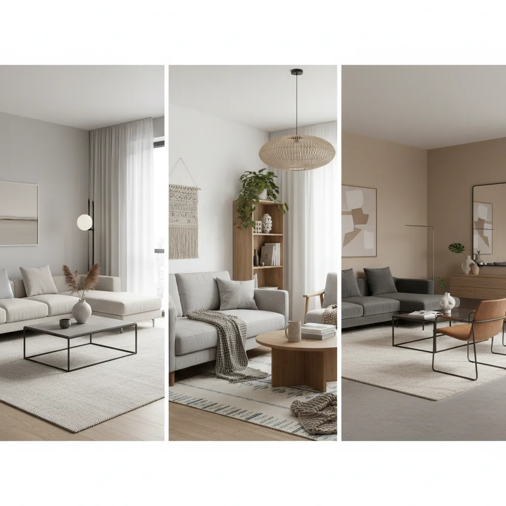 Three apartment decoration styles minimalist modern and scandinavian living room comparison
