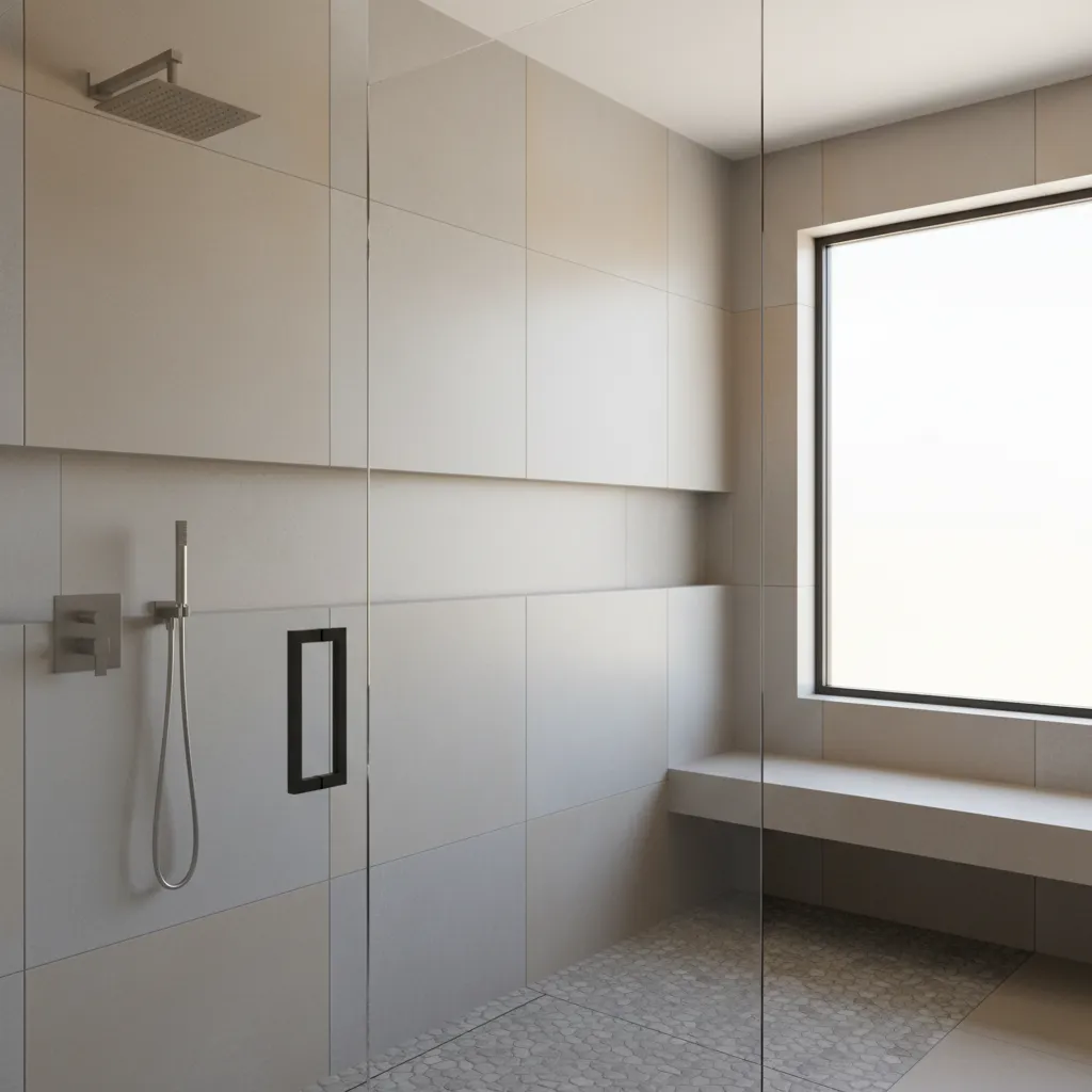 Minimalist modern bathroom shower with long horizontal niche shelf