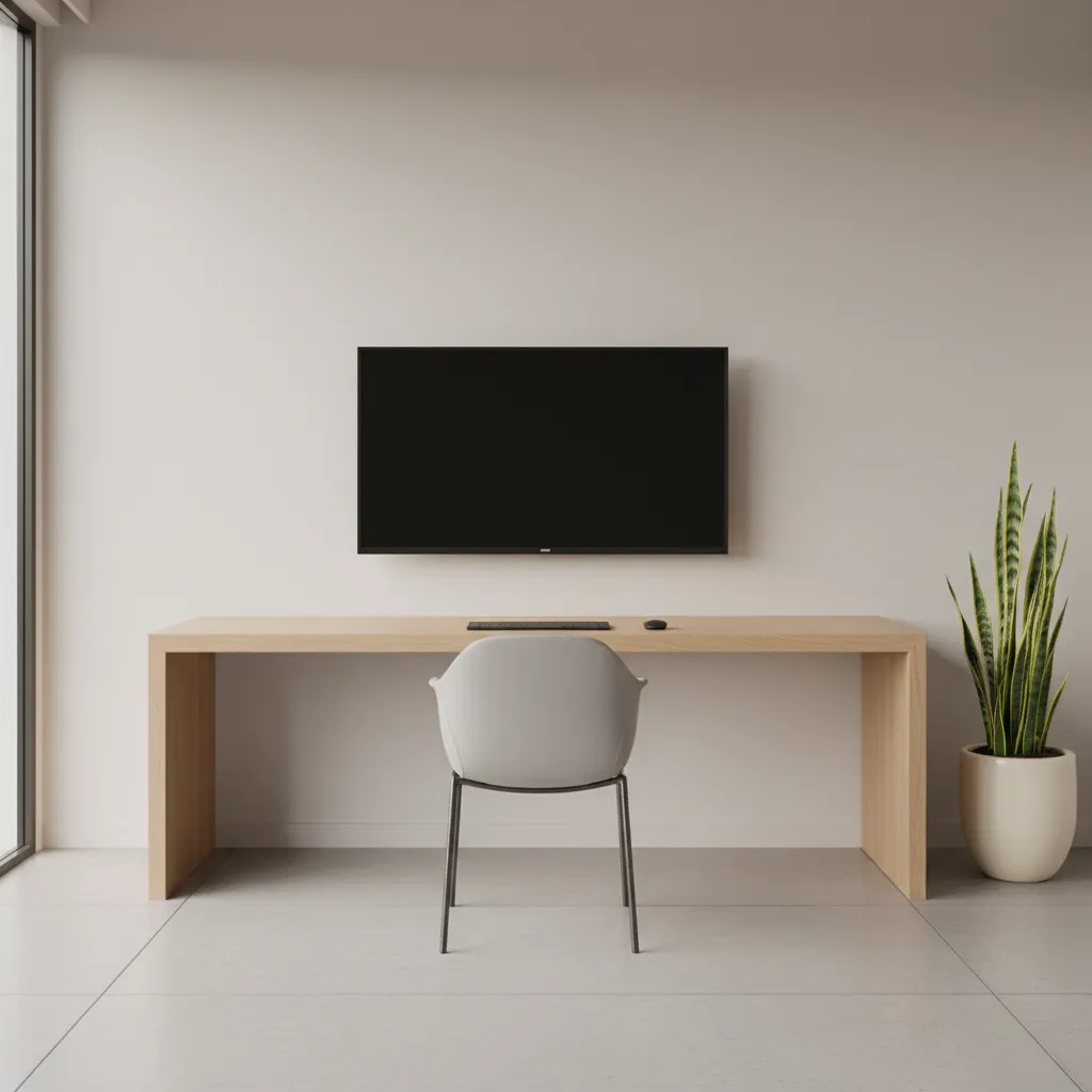 Minimalist desk with wall mounted monitor and invisible cables