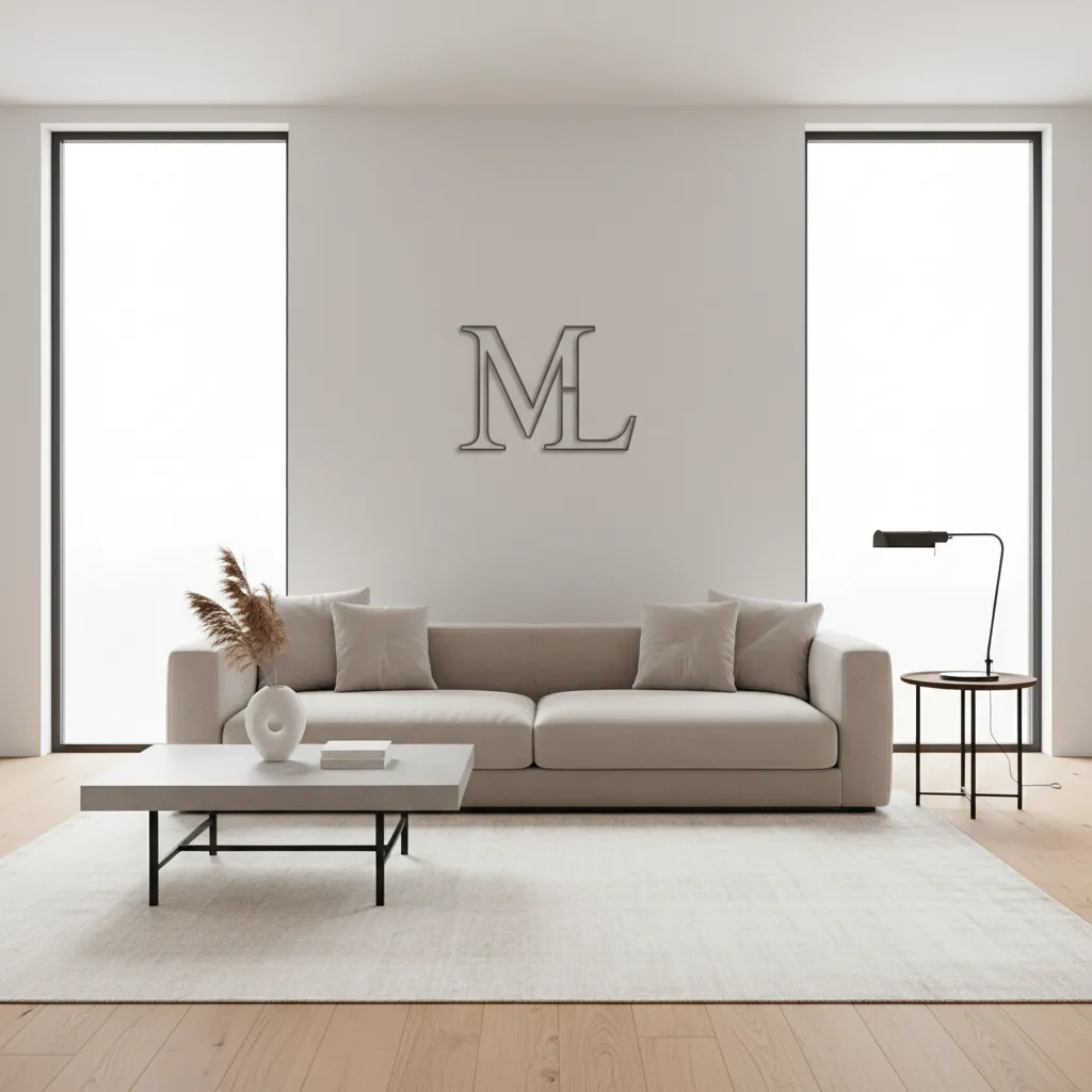minimalist living room with modern metal monogram wall decor