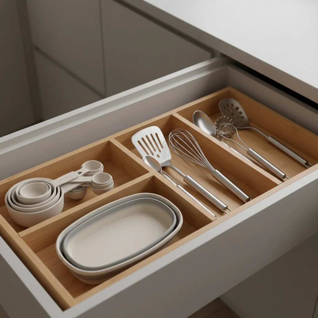 Minimalist kitchen drawer with multifunction cooking tools neatly organized