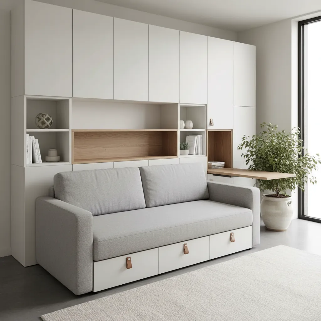 Grey sofa with storage drawers integrated into white wall cabinets and a small wooden desk