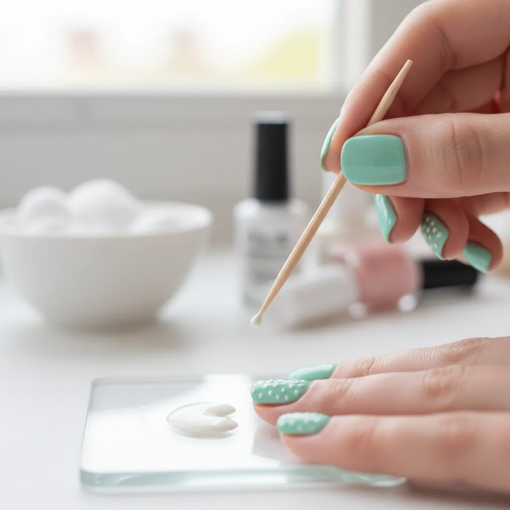 Mano usando un palillo para crear puntos en uñas pintadas