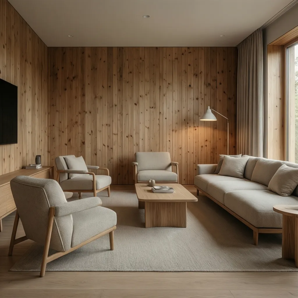 Interior minimalista con madera natural y luz suave