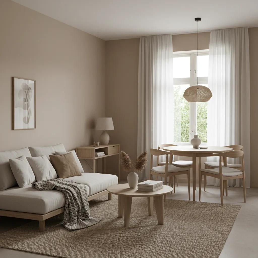 Interior minimalista con paleta de colores claros y materiales naturales