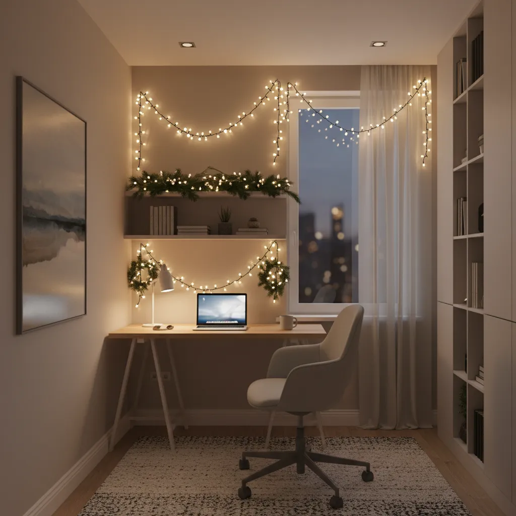 Minimalist office Christmas lighting with garlands and warm lights
