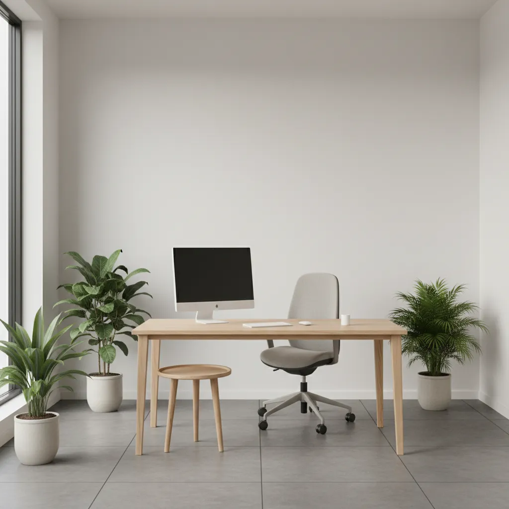 Minimalist home office with wooden desk grey chair computer potted plants and clean white walls