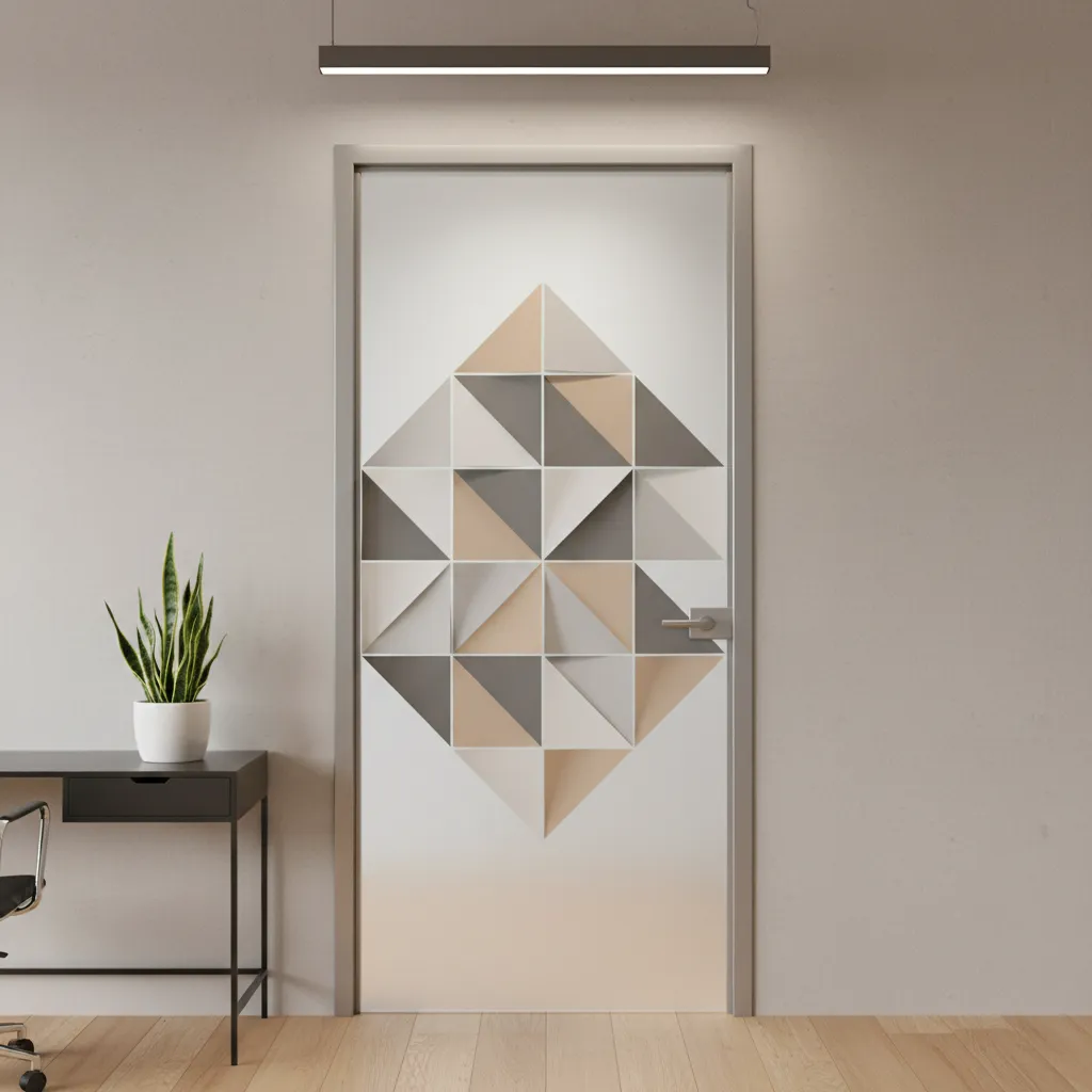 Minimalist office door decoration with large paper shapes and clean layout
