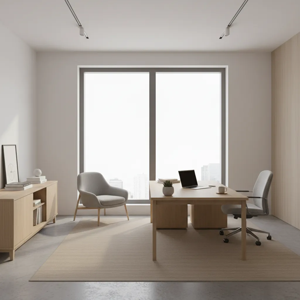 Minimalist office with wooden desk laptop grey chairs large window city view and low cabinet
