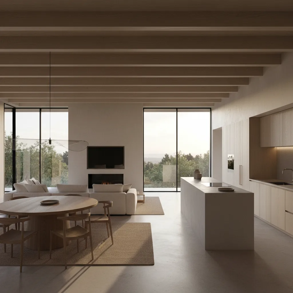 Espacio abierto minimalista con salón, comedor y cocina integrados