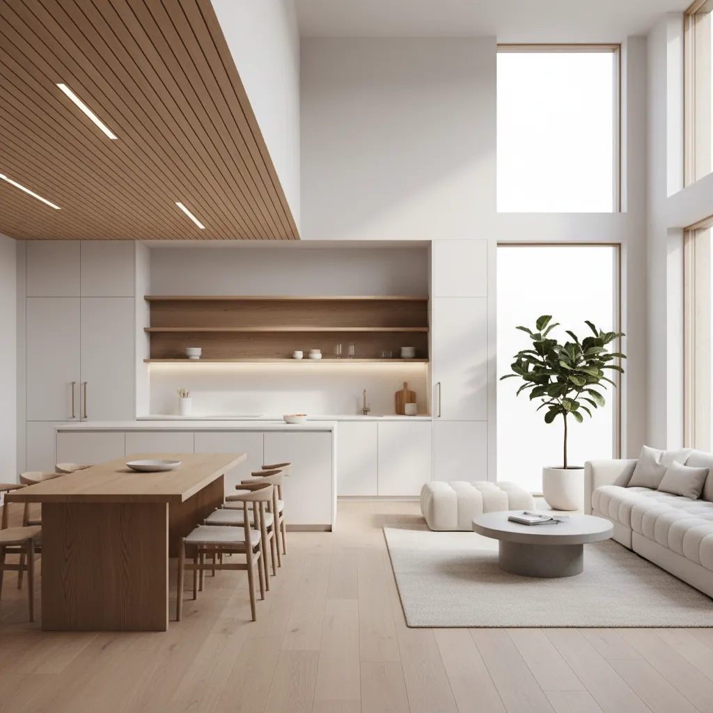 Cocina abierta minimalista conectada con sala de estar