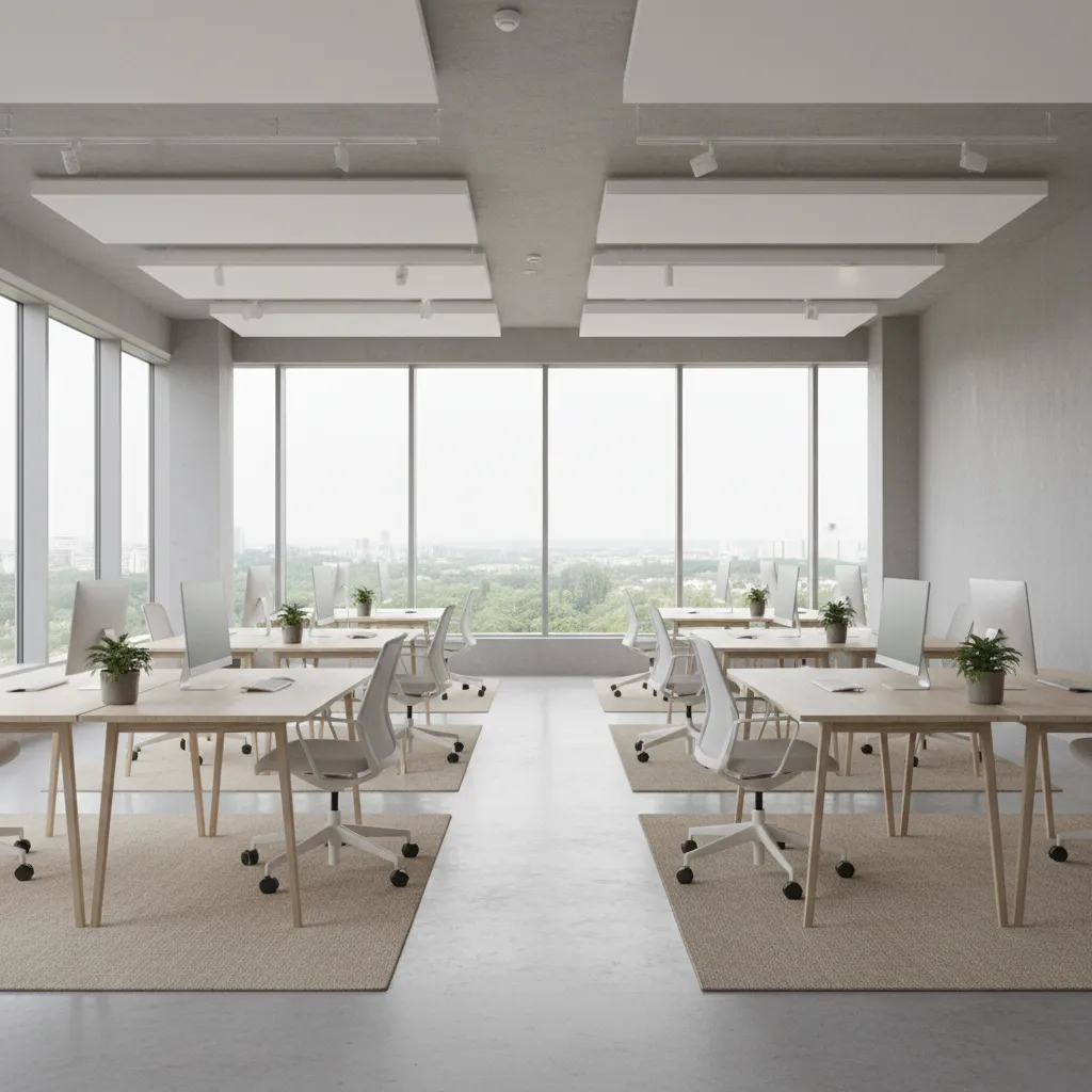 Modern open office layout with rows of wooden desks white chairs computers and large windows