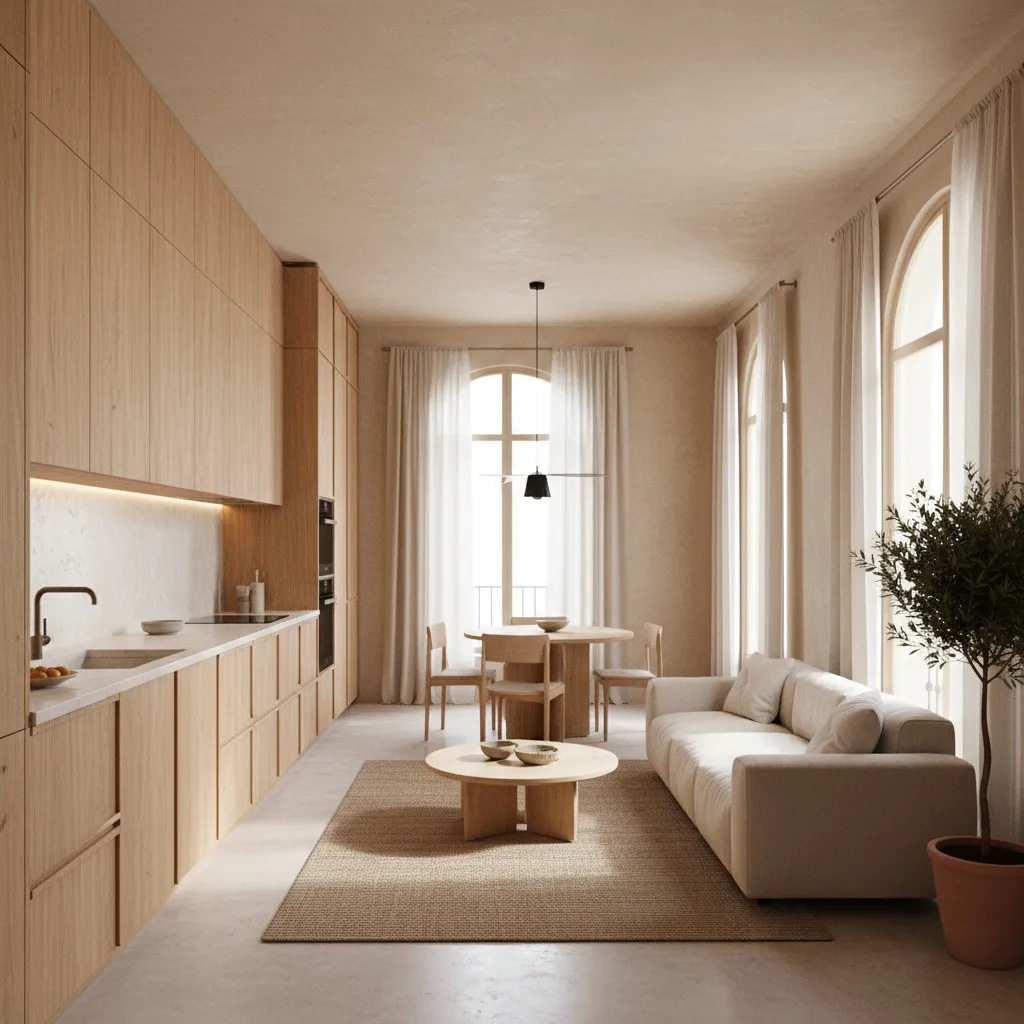 Espacio abierto minimalista con cocina integrada y líneas limpias