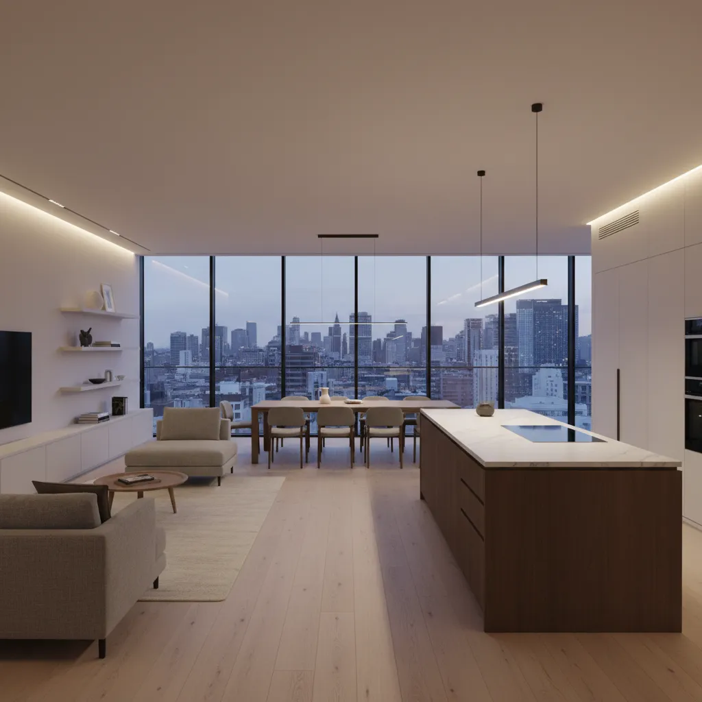 Espacio abierto minimalista conectando salón comedor y cocina