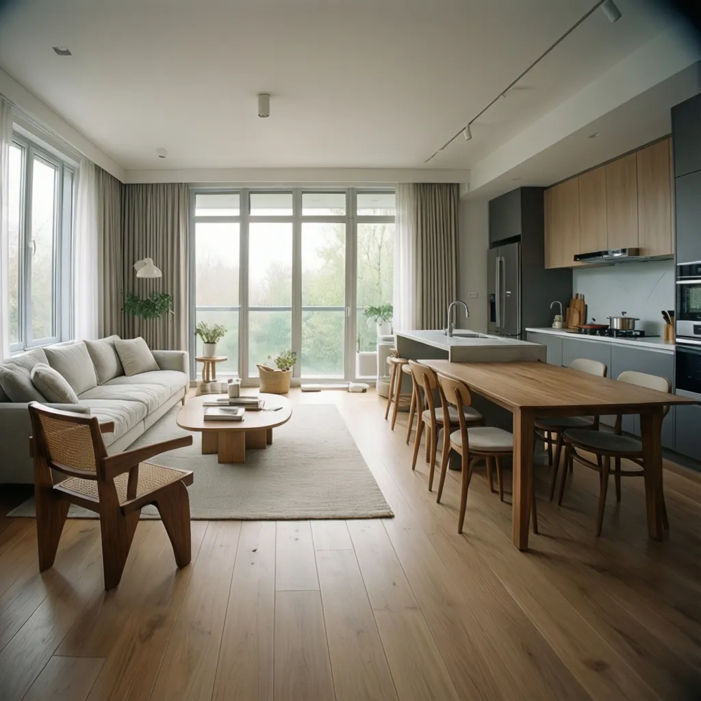 Interior minimalista con salón, comedor y cocina integrados